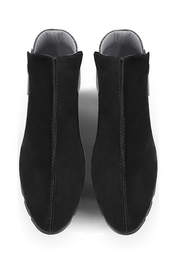 Women's matt black, dark grey and dove grey elegant ankle boots, with buckles at the back. Round toe. Thin rubber soles - Top view